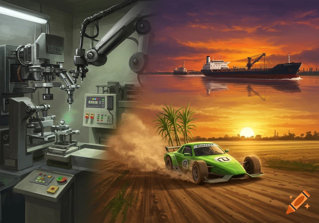 A composite image with an industrial machine and robotic arm on the left, a large cargo ship on water at sunset on the top right, and a green race car kicking up dust next to sugar cane plants at sunset on the bottom right.