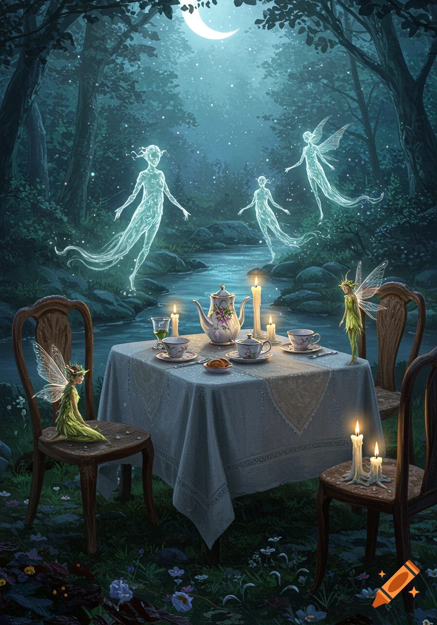 A magical moonlit forest tea party with ethereal water spirits above a river and two green fairies at a table with candles. Stylized.