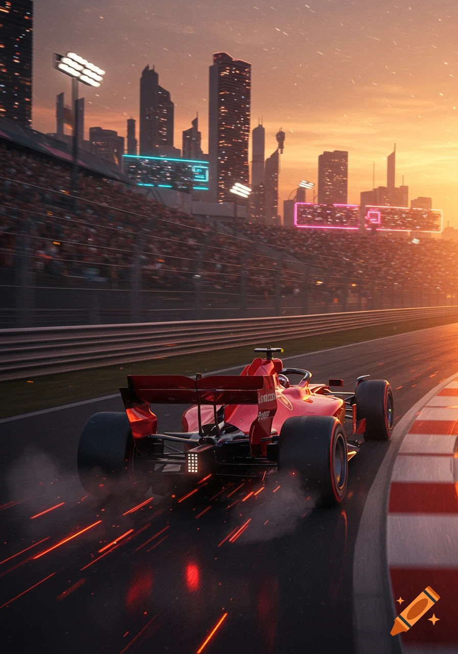 A red Formula 1 race car speeds along a track at sunset, with a blurred cityscape and stadium crowds in the background.