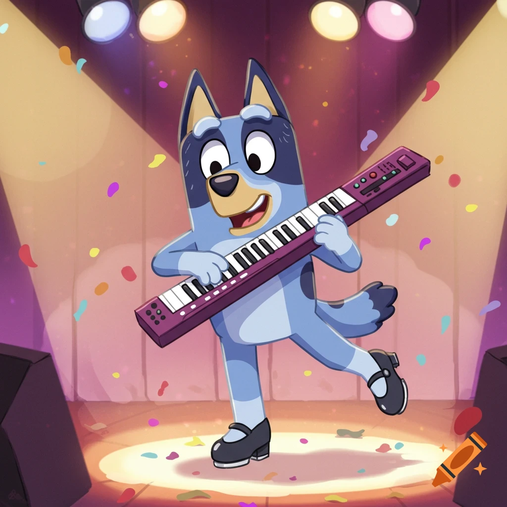 Bluey, the blue dog, plays a purple keytar on a stage, tap dancing under spotlights with confetti falling.