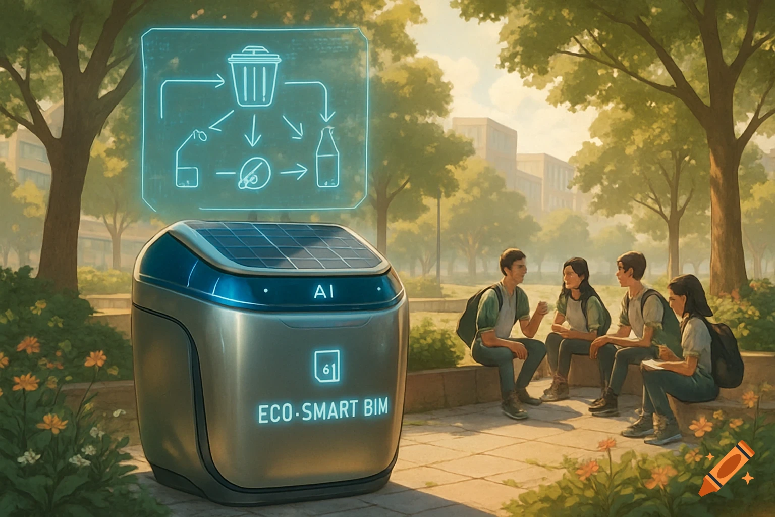 A futuristic eco-smart bin with solar panels and a holographic recycling display in a park with four students sitting nearby.