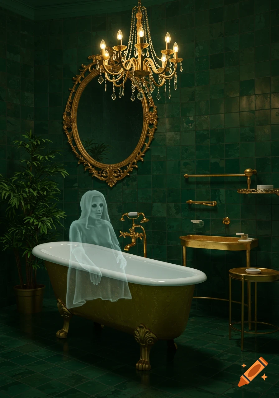 A translucent ghost sits in an ornate golden bathtub in a dark green tiled bathroom with a chandelier and mirror.