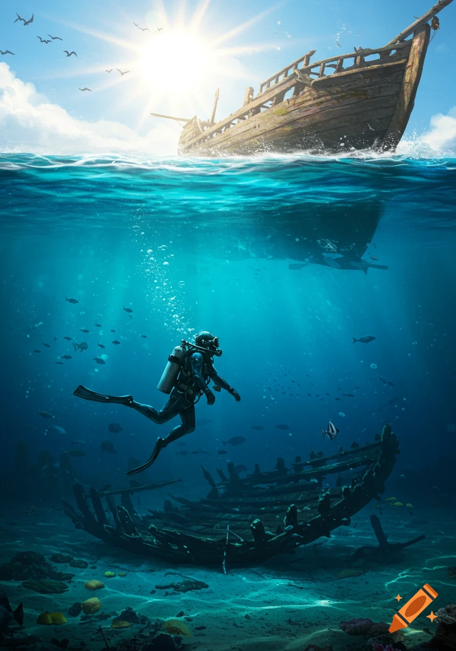 A photorealistic scene with a scuba diver exploring a shipwreck on the ocean floor, below a wooden boat floating on the sunny surface.