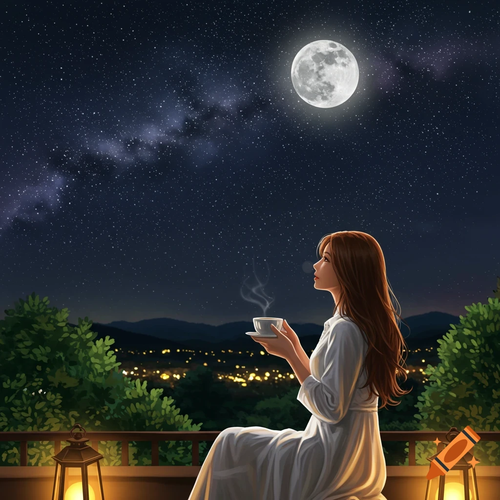 Illustrated woman on a terrace sips coffee, gazing at the bright full moon and starry sky over a distant city at night.