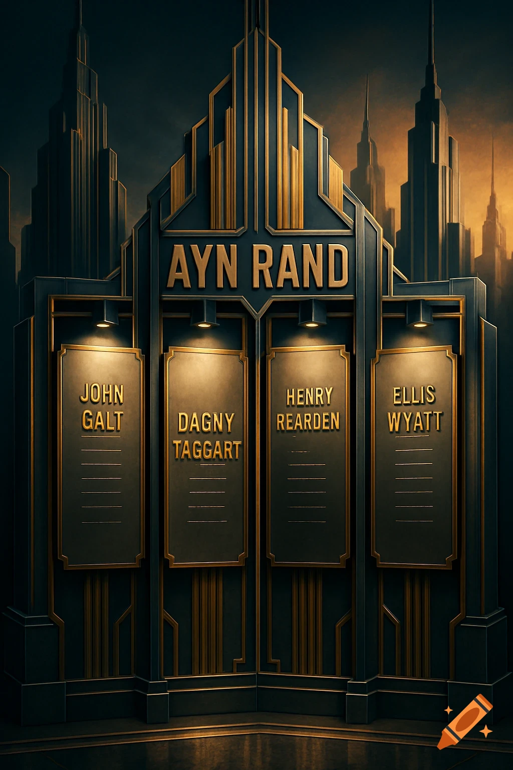 Art Deco donor wall with 'Ayn Rand' and characters' names from her novels in golden script, against a dark city skyline.