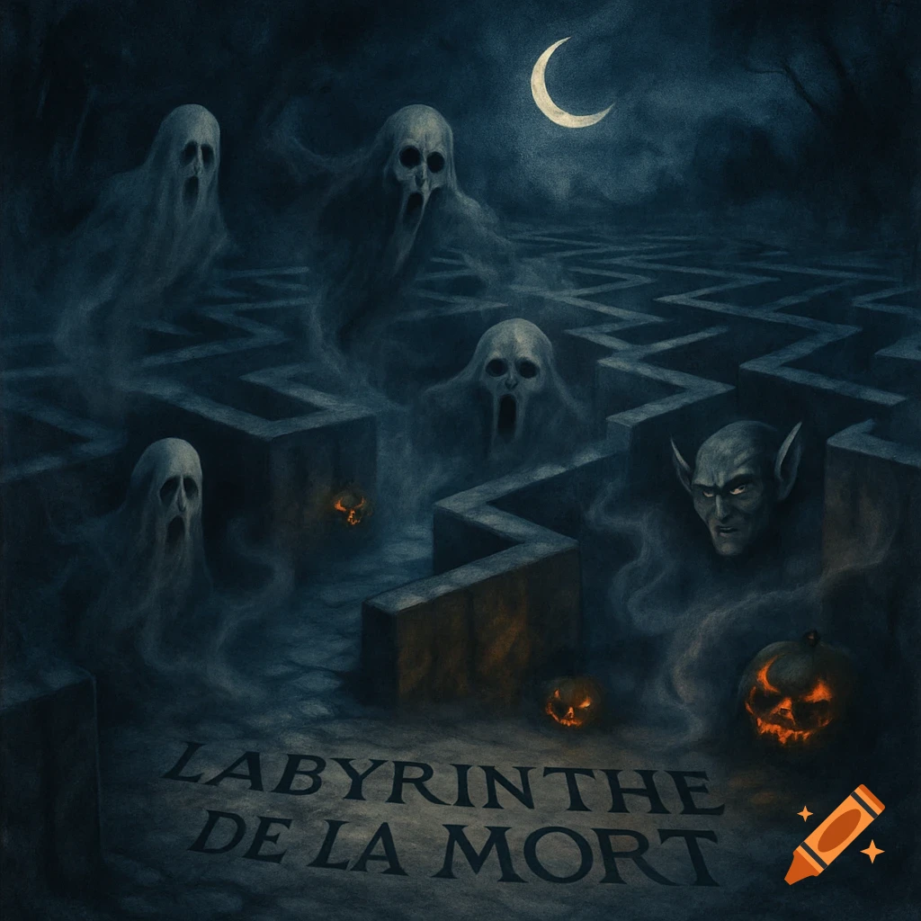 A dark, eerie maze scene with screaming ghosts, a horned monster ...