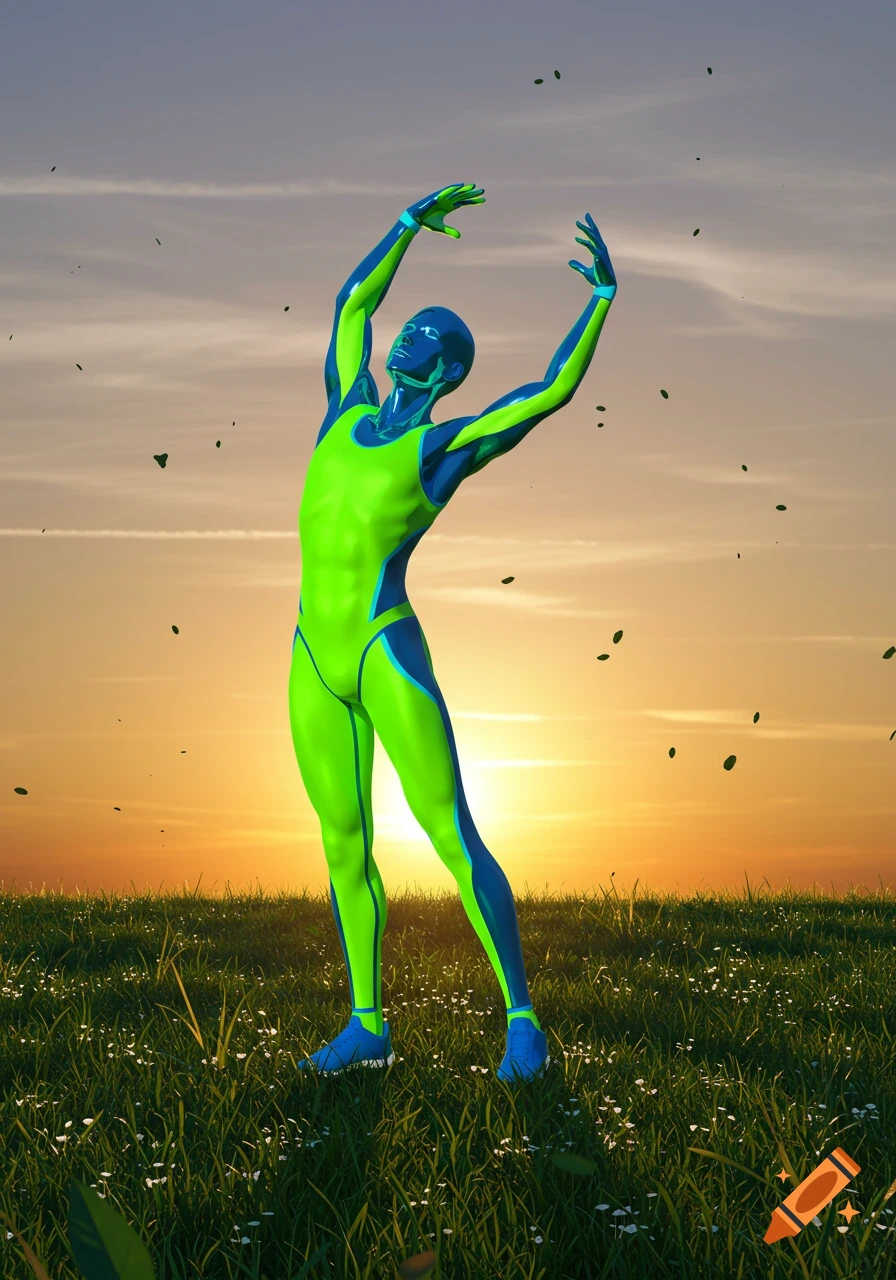 A glossy, stylized figure in a bright green and blue athletic suit stretches in a grassy field at sunset.
