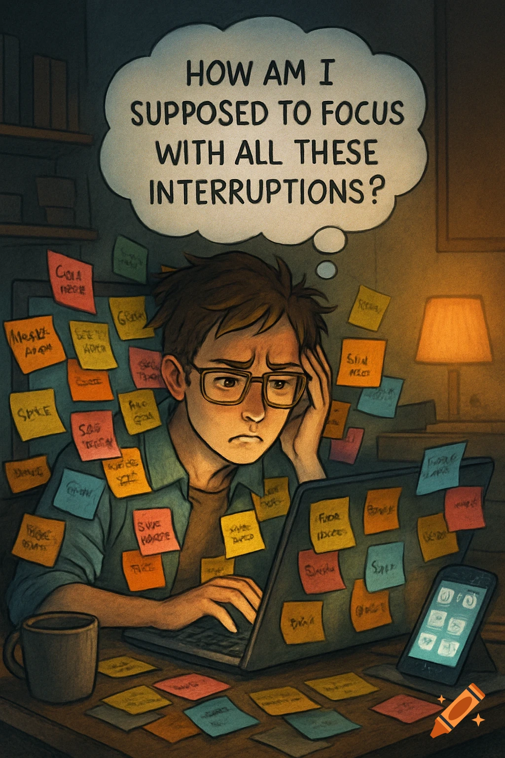 A cartoon of a stressed person at a cluttered desk with a laptop and phone, covered in illegible sticky notes. A thought bubble says, "HOW AM I SUPPOSED TO FOCUS WITH ALL THESE INTERRUPTIONS?"