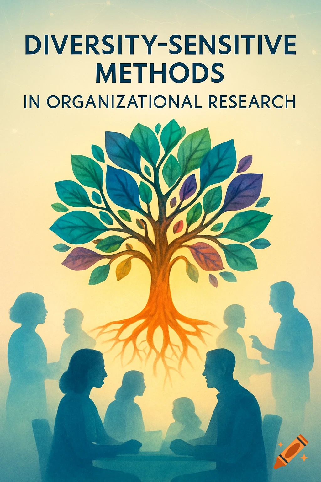 An illustration features a tree with vibrant green and purple leaves and orange roots, surrounded by blue silhouettes of people. Text reads "DIVERSITY-SENSITIVE METHODS IN ORGANIZATIONAL RESEARCH".