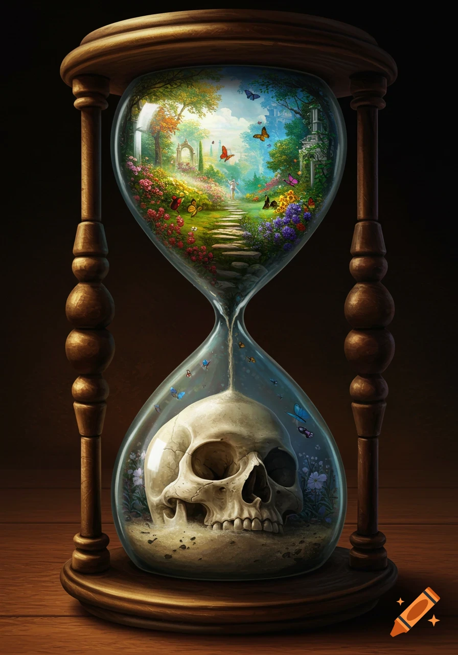 A detailed hourglass with a vibrant garden path in the top bulb and a skull in the bottom bulb, symbolizing life and death.