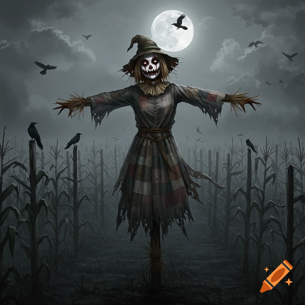 An ominous scarecrow with a skull face and glowing eyes stands in a dark cornfield under a full moon, surrounded by crows.
