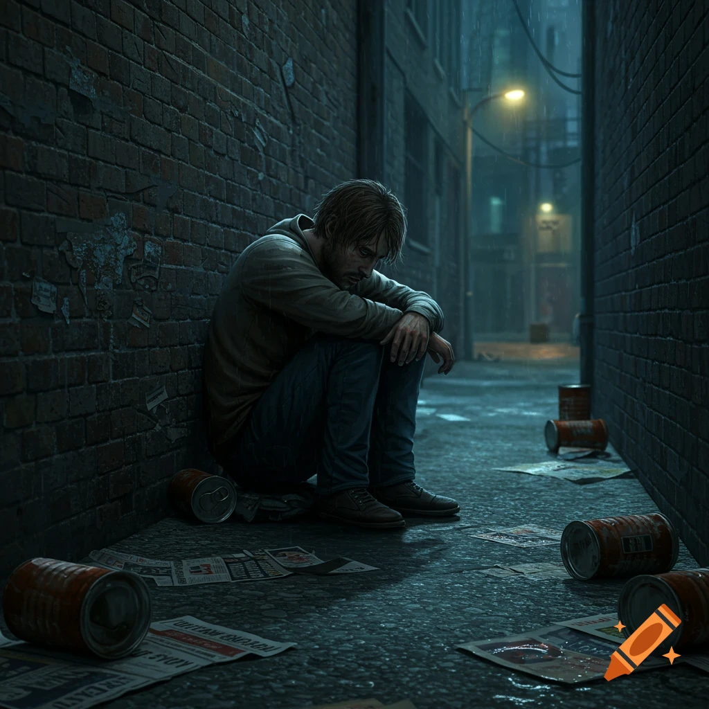 A man sits dejectedly against a brick wall in a dark, rainy alley filled with scattered papers and discarded cans. Photorealistic.