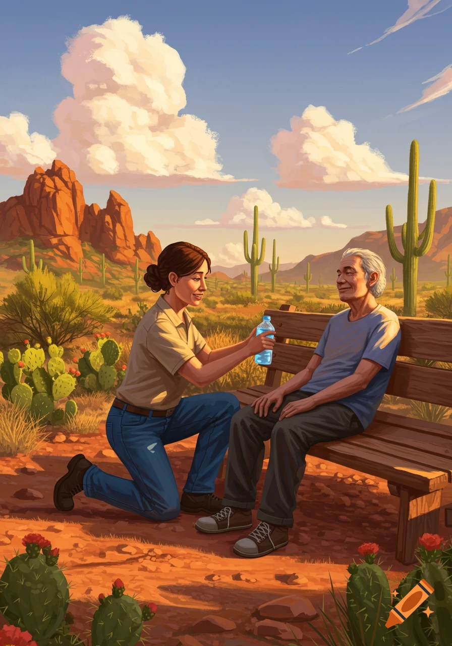 A woman kneels beside an older man on a bench in a sunny Arizona desert, offering him a water bottle, illustration.