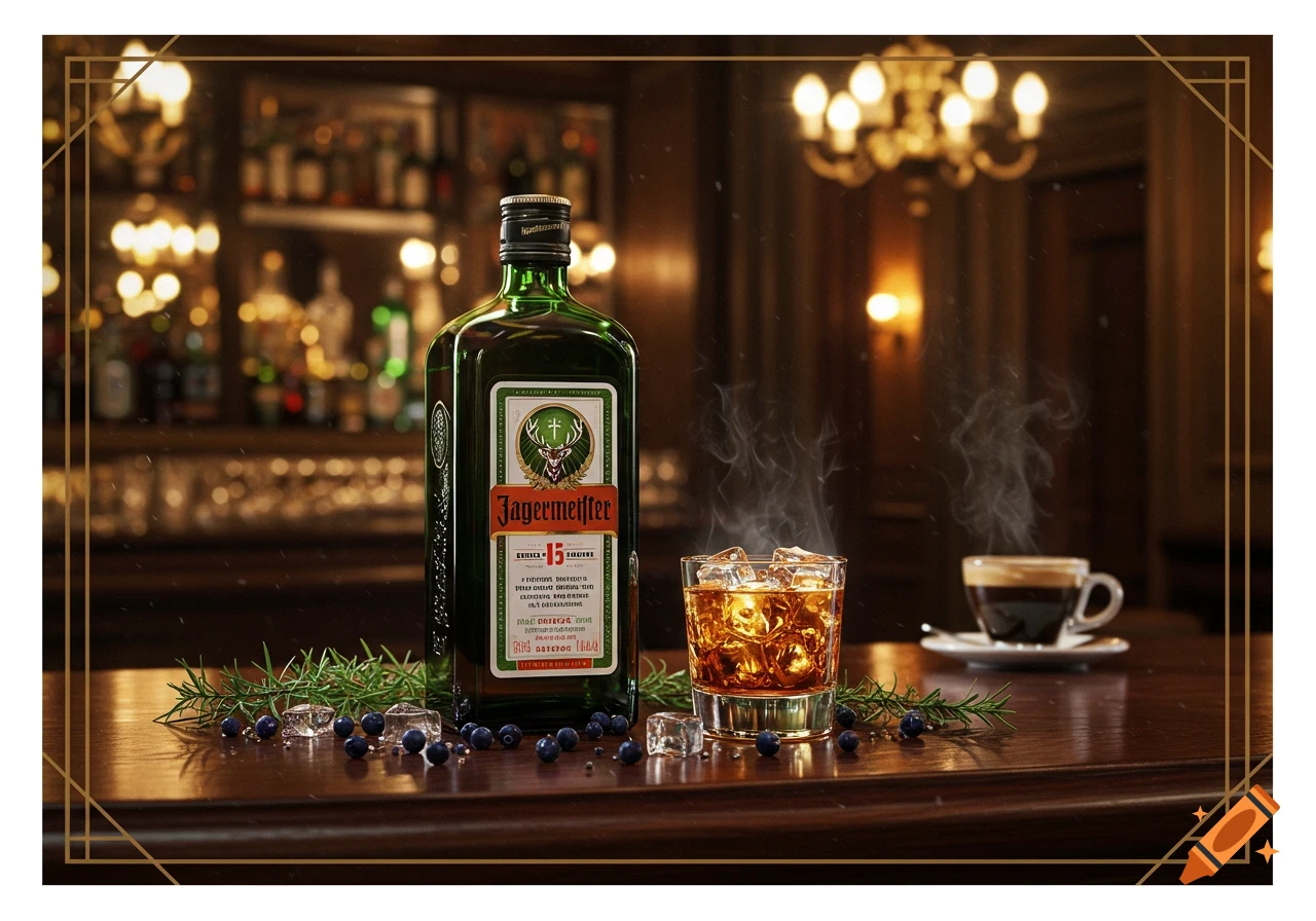 A photorealistic image of a Jägermeister bottle, a cocktail with ice, and a steaming coffee cup on a dark wooden bar counter in a dimly lit bar.