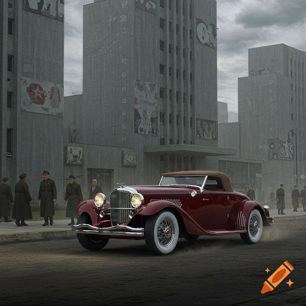 A luxurious red Duesenberg SJ Roadster drives on a gloomy, gray concrete street past imposing Soviet-era buildings with indistinct posters, and uniformed figures.