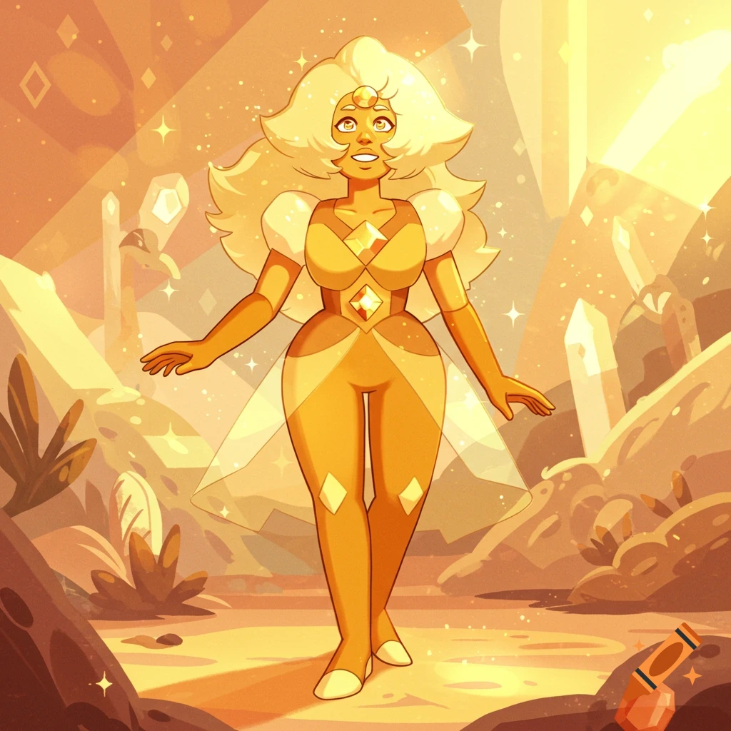 A stylized golden character with large yellow hair and a diamond on her chest stands in a glowing crystal landscape.