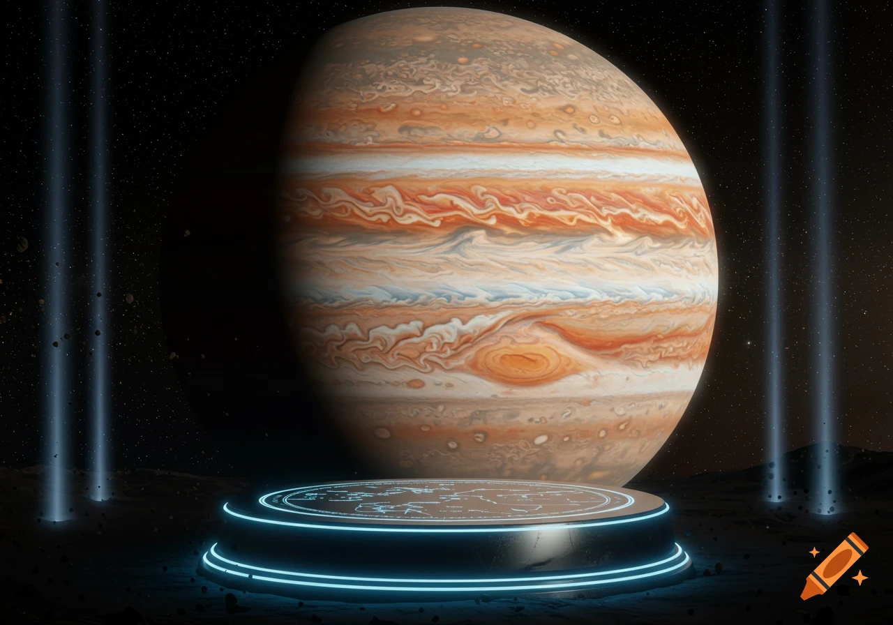 Jupiter glows brightly in space above a futuristic, neon-lit podium on a dark, rocky terrain with light beams.
