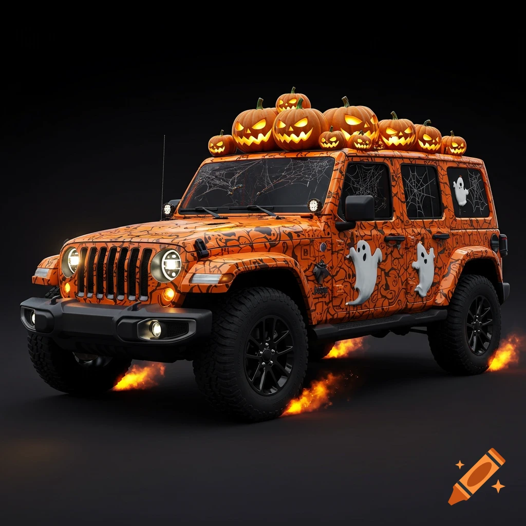 A Halloween-decorated orange Jeep Wrangler with glowing jack-o'-lanterns on the roof, white ghosts on the doors, and spiderwebs on the windows, against a black background.