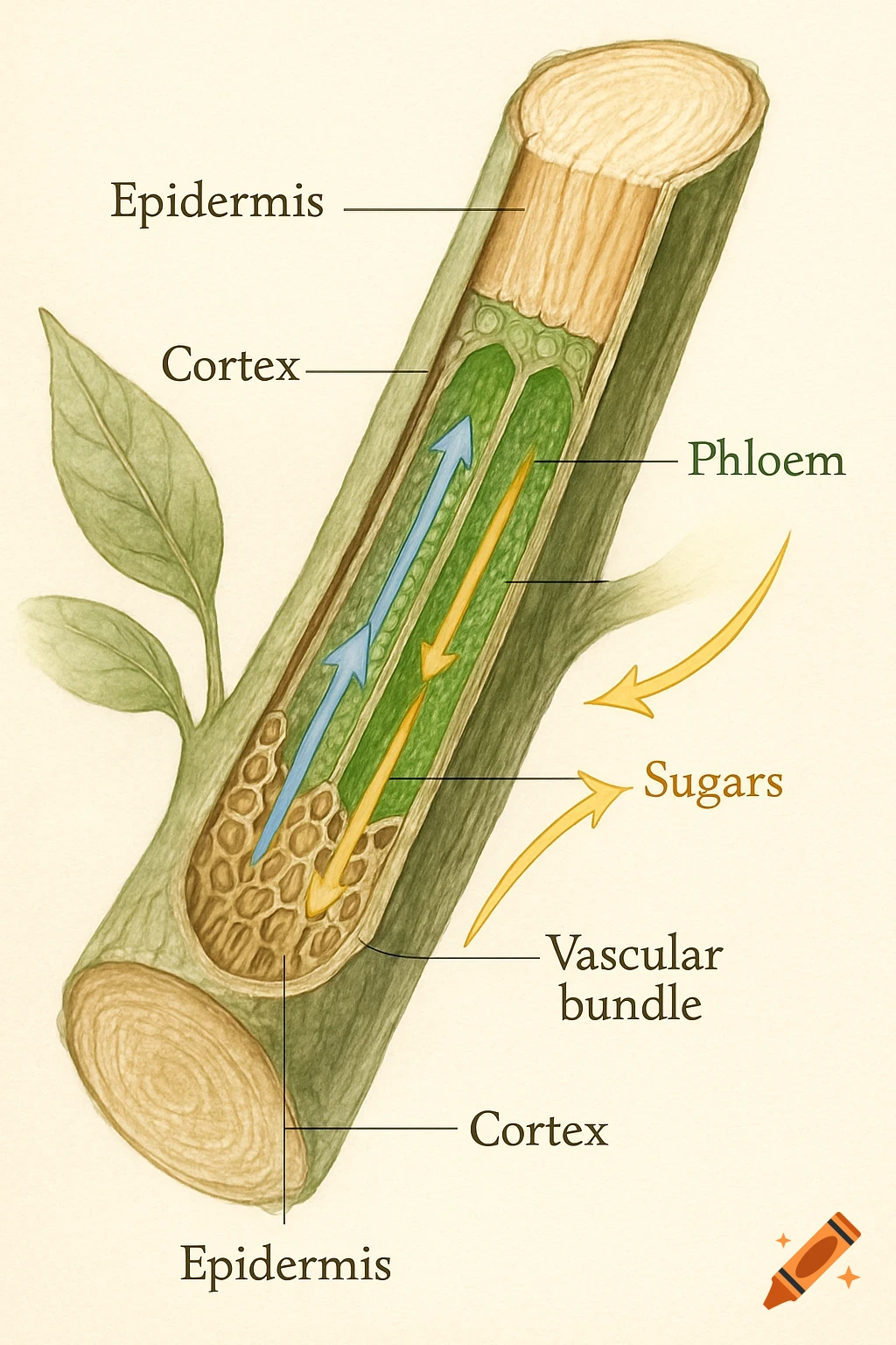 A labeled color drawing of a plant stem cross-section, showing epidermis, cortex, phloem, and vascular bundles with arrows indicating sugar and water transport.