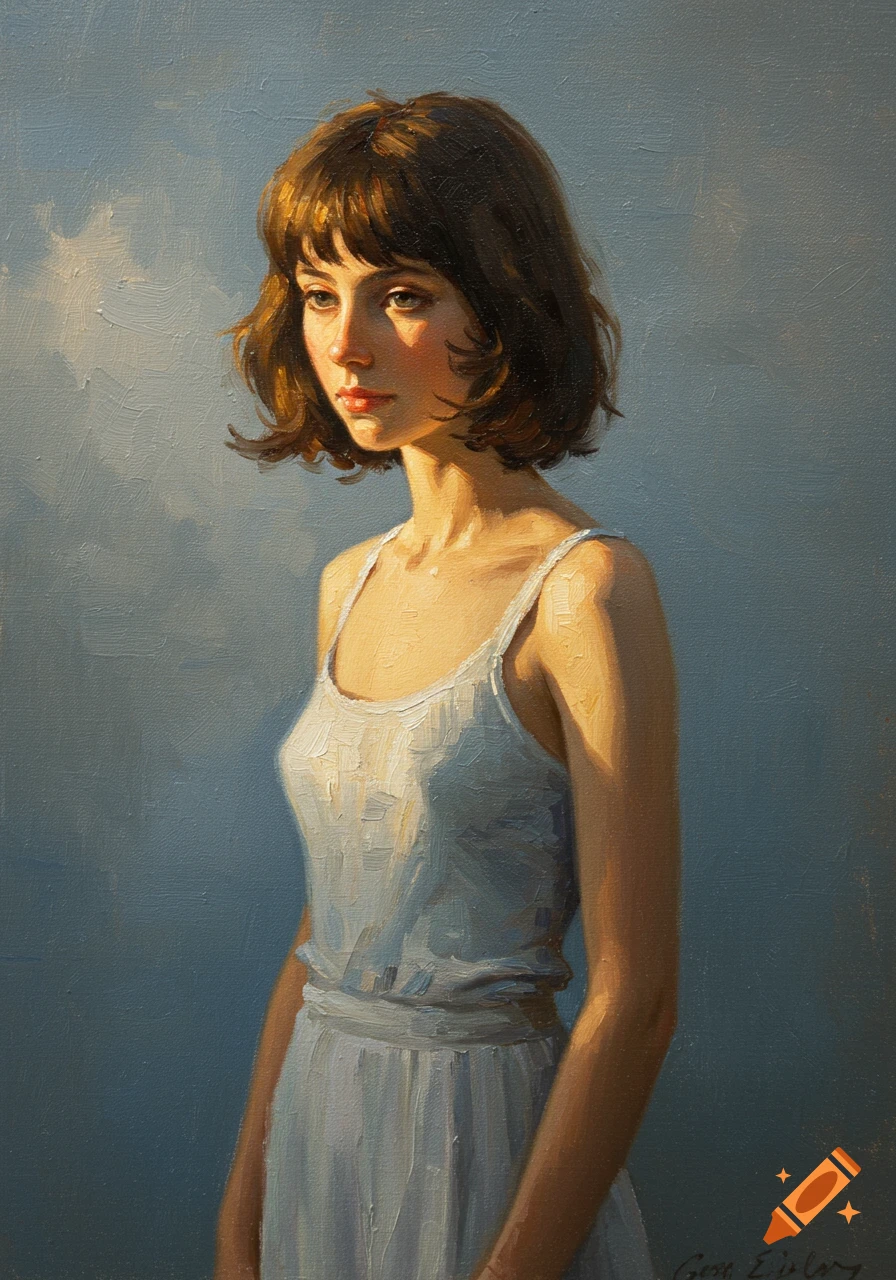 Oil painting of a young woman with short brown hair in a white tank top, bathed in golden light.