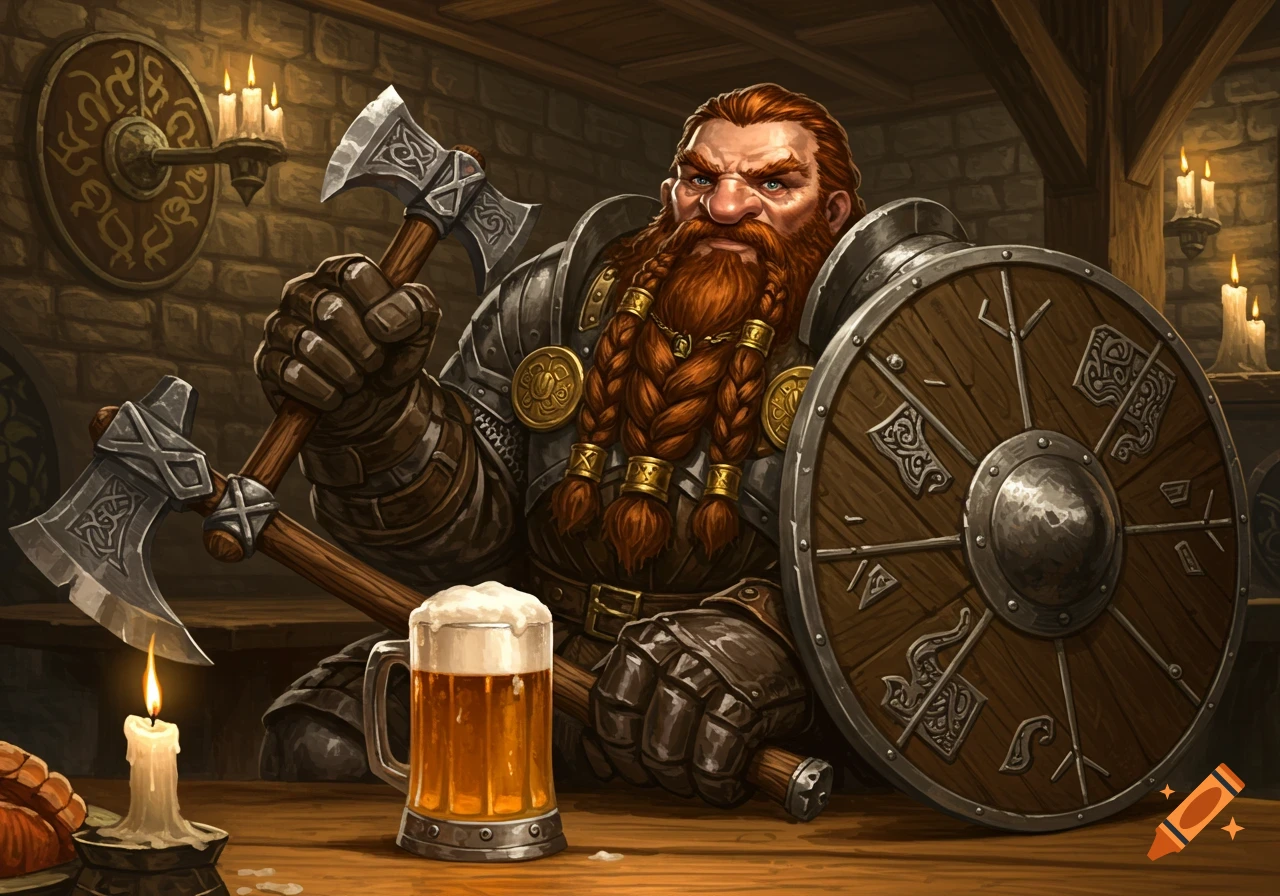 A burly dwarf warrior with a braided red beard sits at a tavern table, holding two axes and a shield, with a mug of beer.