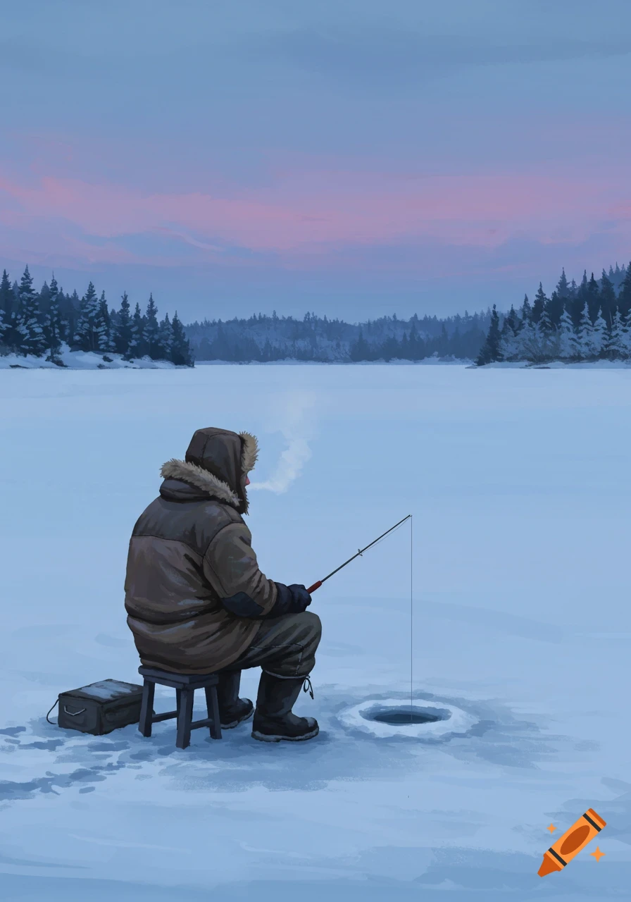 A person in a heavy winter coat ice fishing on a frozen lake with evergreen trees and a pink and blue sky at dusk, in an illustrative style.