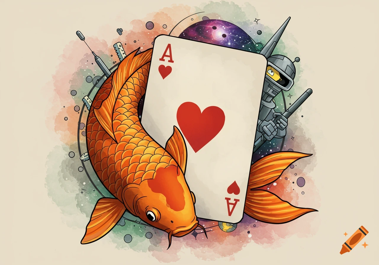 Stylized tattoo art of an orange koi fish, an ace of hearts playing card, and a robot against a space and watercolor background.