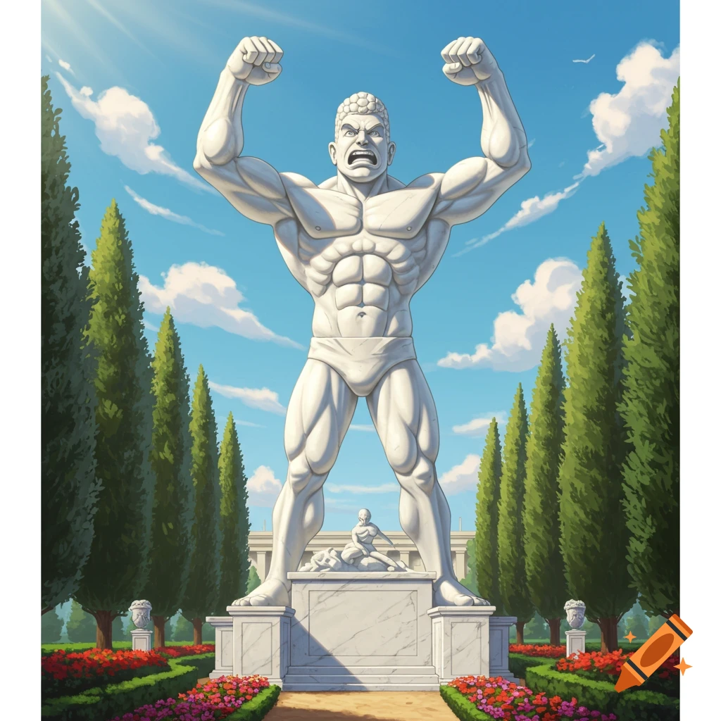 A large white muscular statue flexing its arms stands in a classical garden with tall trees and colorful flowers under a blue sky.