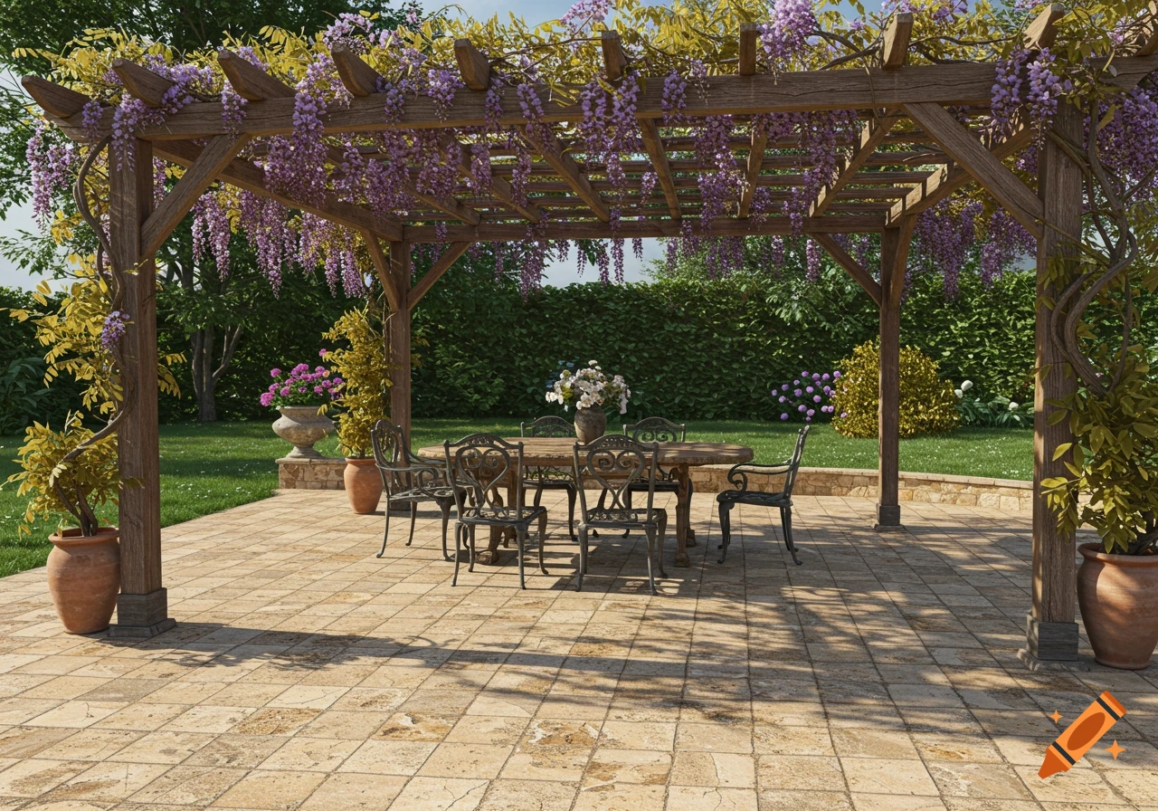 A photorealistic view of a wisteria-covered wooden pergola over a travertine patio with an outdoor dining set in a lush garden.