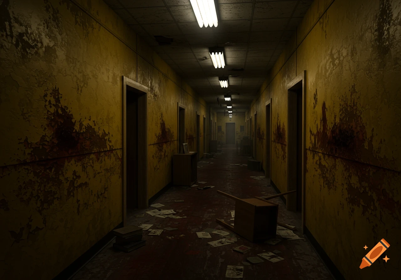 A dark, dilapidated corridor with peeling yellow walls, red stains, and scattered papers on the floor, lit by fluorescent lights.