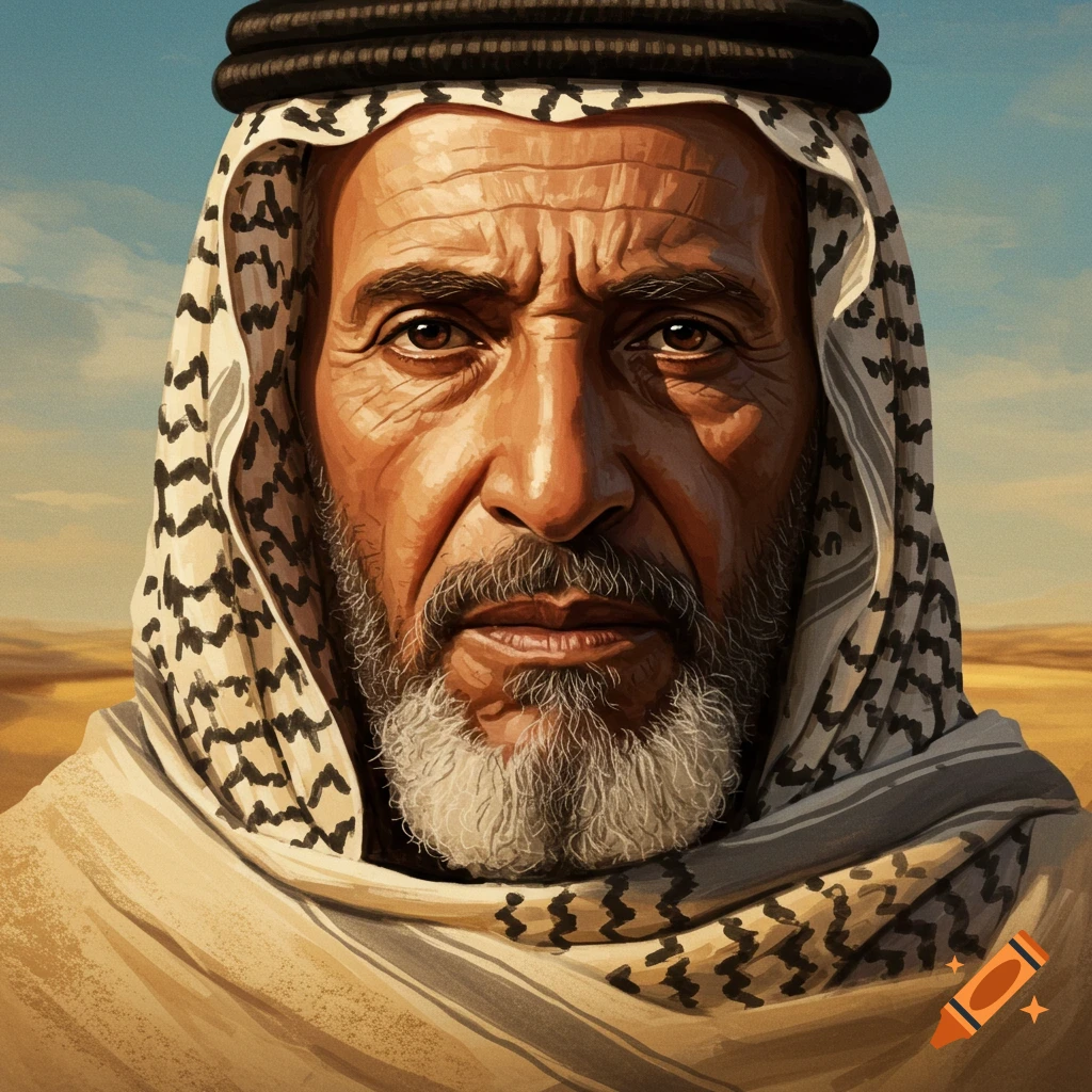 Close-up portrait of an elderly man with a white beard wearing a patterned keffiyeh against a desert backdrop.