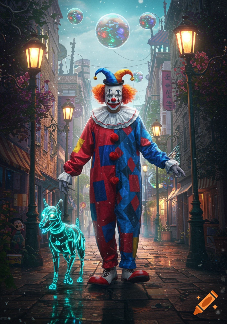 A clown in a colorful suit walks a glowing blue electric dog down a surreal, ornate street with floating bubbles, digital art.
