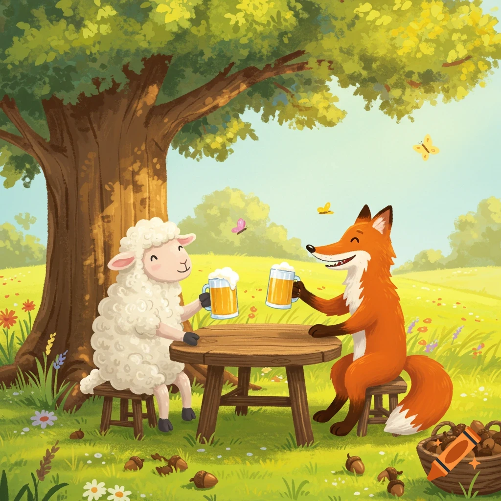 Cartoon lamb and fox friends sitting at a table under a tree, toasting with beer steins in a sunny field.