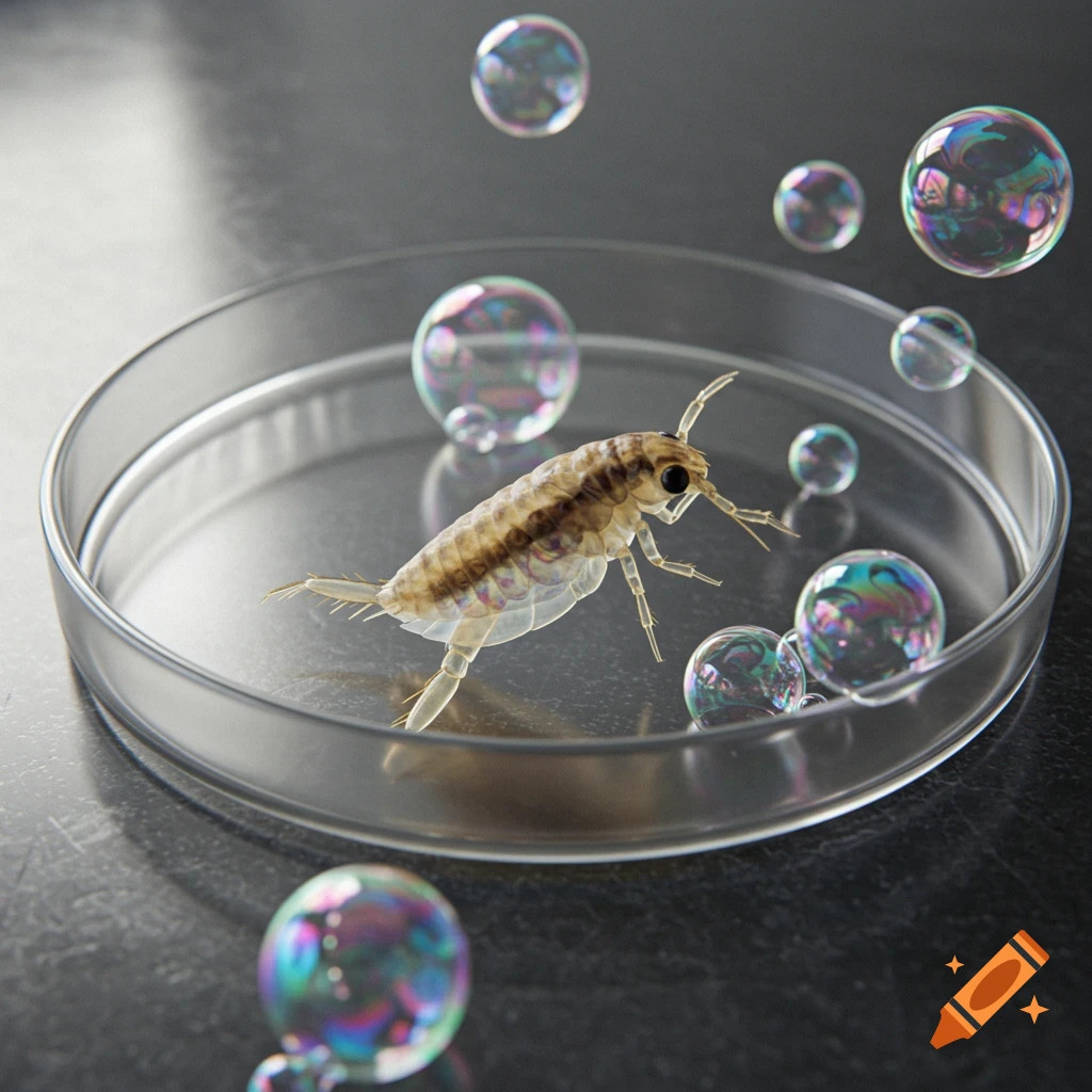 A detailed macro shot of a waterflea in a petri dish surrounded by iridescent soap bubbles.