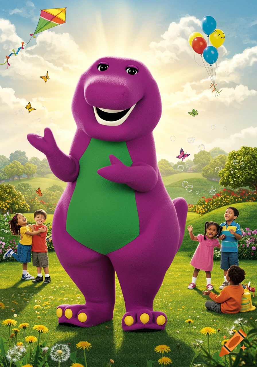 Barney the purple dinosaur smiles broadly in a sunny, vibrant park with four happy children, balloons, and a kite flying.