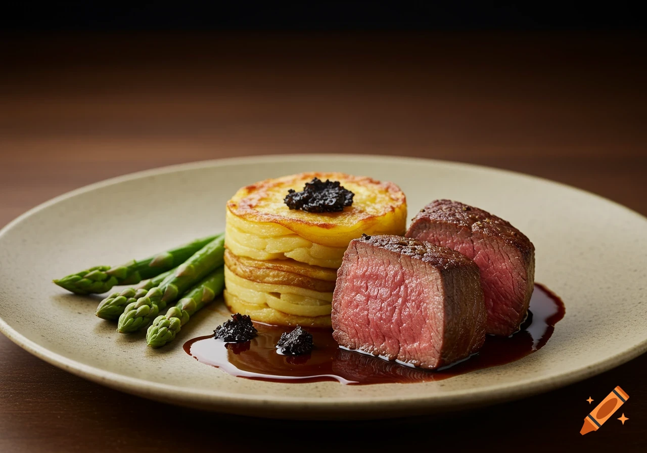 Photorealistic gourmet dish with two medium-rare beef medallions, a stack of layered potato gratin, green asparagus, and a dark sauce with black truffle on a cream plate.