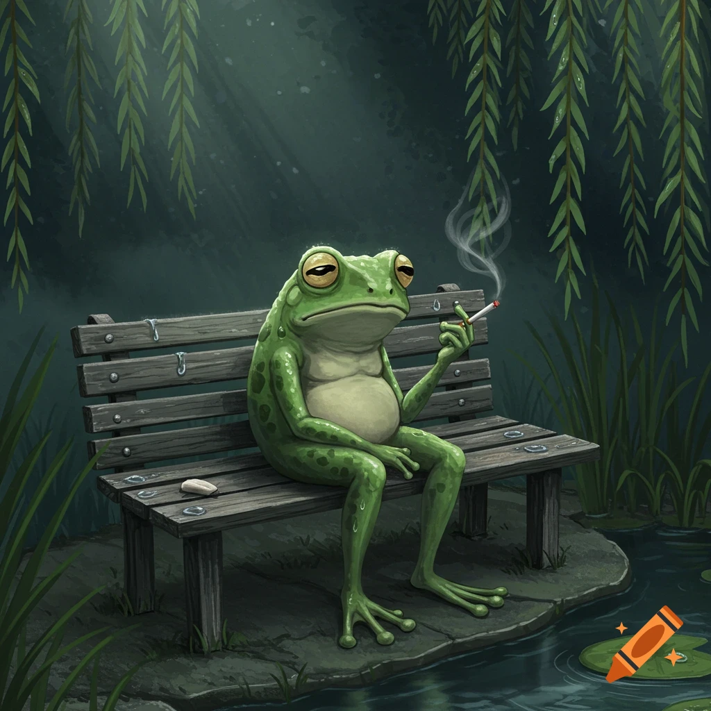 A melancholic, stylized green frog sits on a wooden bench by a pond, smoking a cigarette under drooping willow branches.