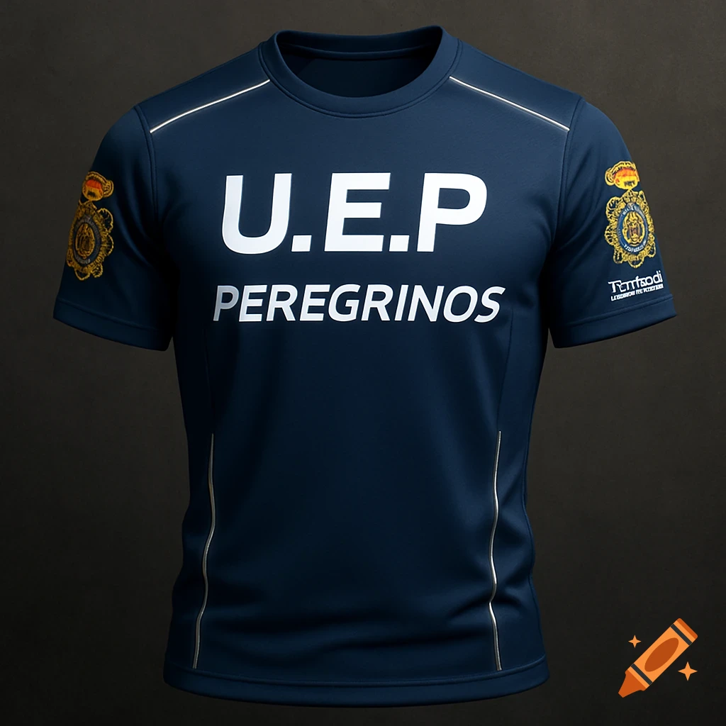 A dark blue athletic t-shirt with "U.E.P." and "PEREGRINOS" in white block letters, and gold-trimmed emblems on the sleeves.