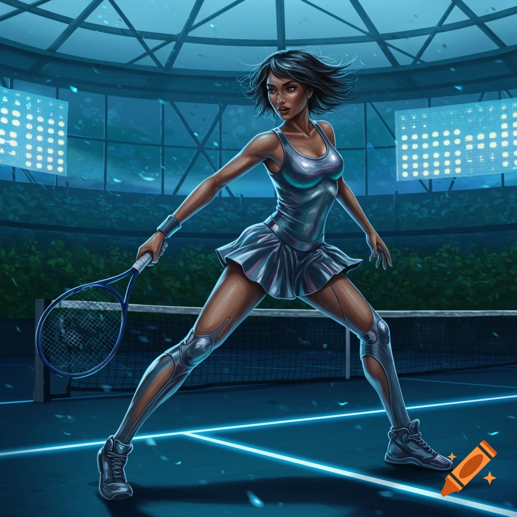 Young athletic woman in a futuristic silver tennis outfit lunging on a blue court with a racket, illuminated by stadium lights.