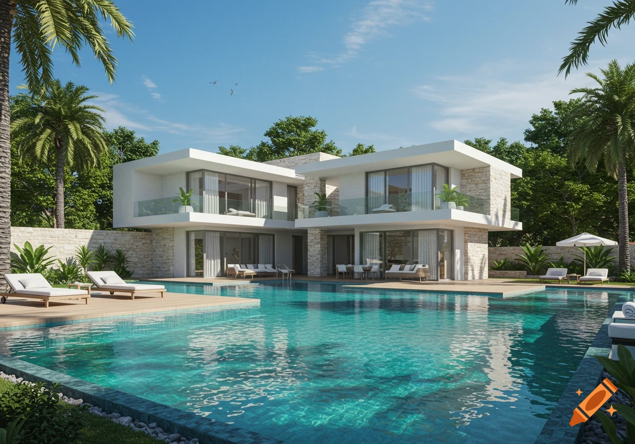 Photorealistic image of a modern white villa with a large turquoise swimming pool, palm trees, and lounge chairs under a blue sky.