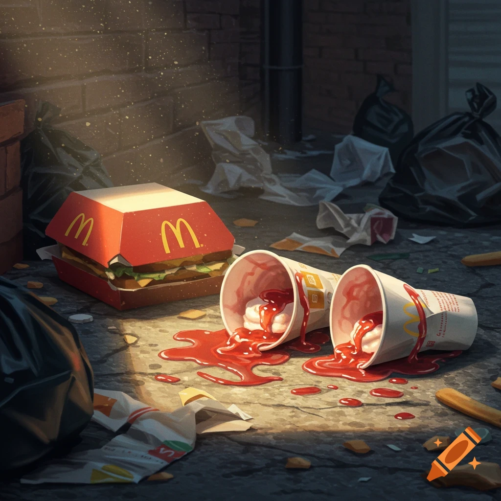 Discarded McDonald's Big Mac box and two fallen cups with melted strawberry sundaes spilled on a grimy alley floor amidst trash. Illustrative style.