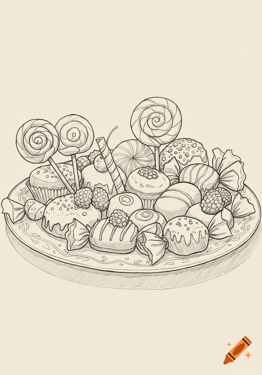 Line art drawing of a plate piled high with various candies, lollipops, cupcakes, and berries.