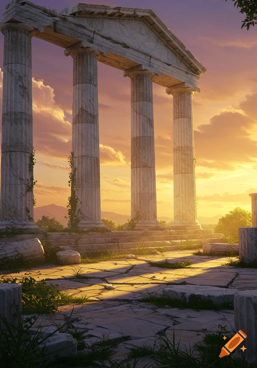 Ancient Greek temple ruins with four tall marble columns under a dramatic orange and purple sunset sky, with overgrown foliage.