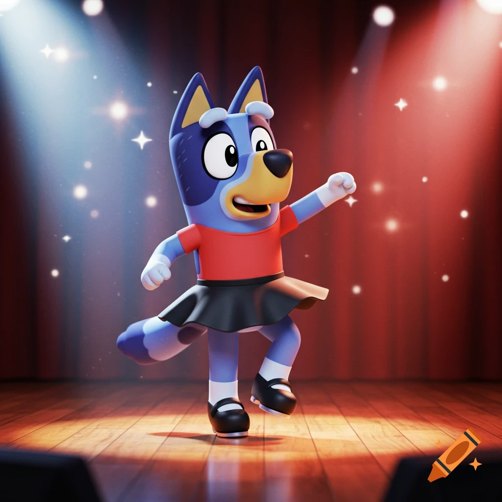 Bluey, a blue cartoon dog, tap dancing on a spotlighted wooden stage wearing a red t-shirt, black skirt, white socks, and black shoes.