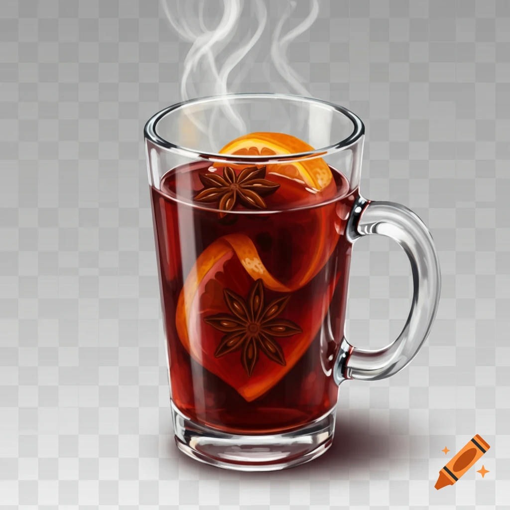 A steaming glass mug of mulled wine with an orange slice, orange peel, and star anise, on a transparent background.