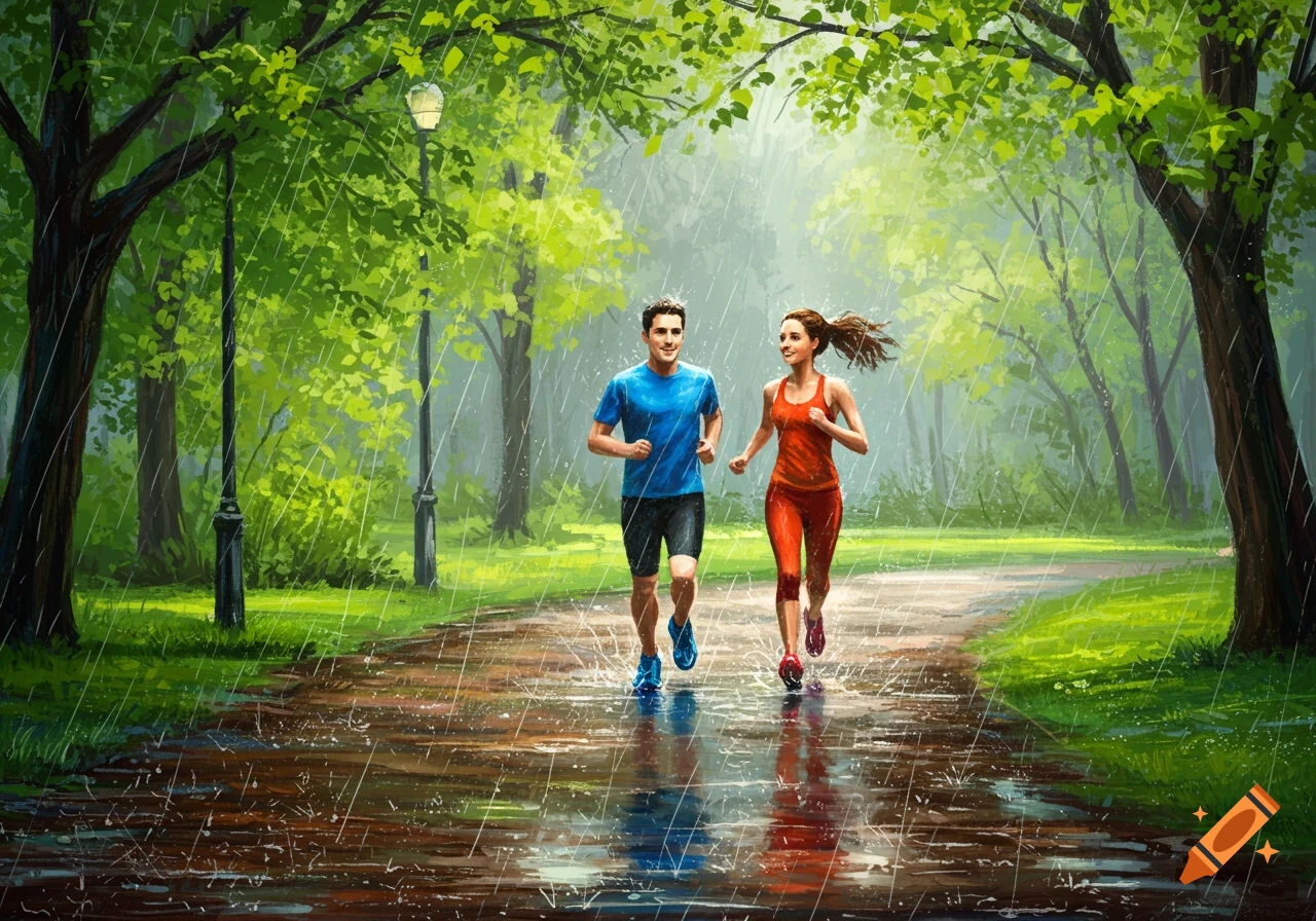 A man and woman run together on a path in a lush green park during heavy rain, depicted in a painterly style.