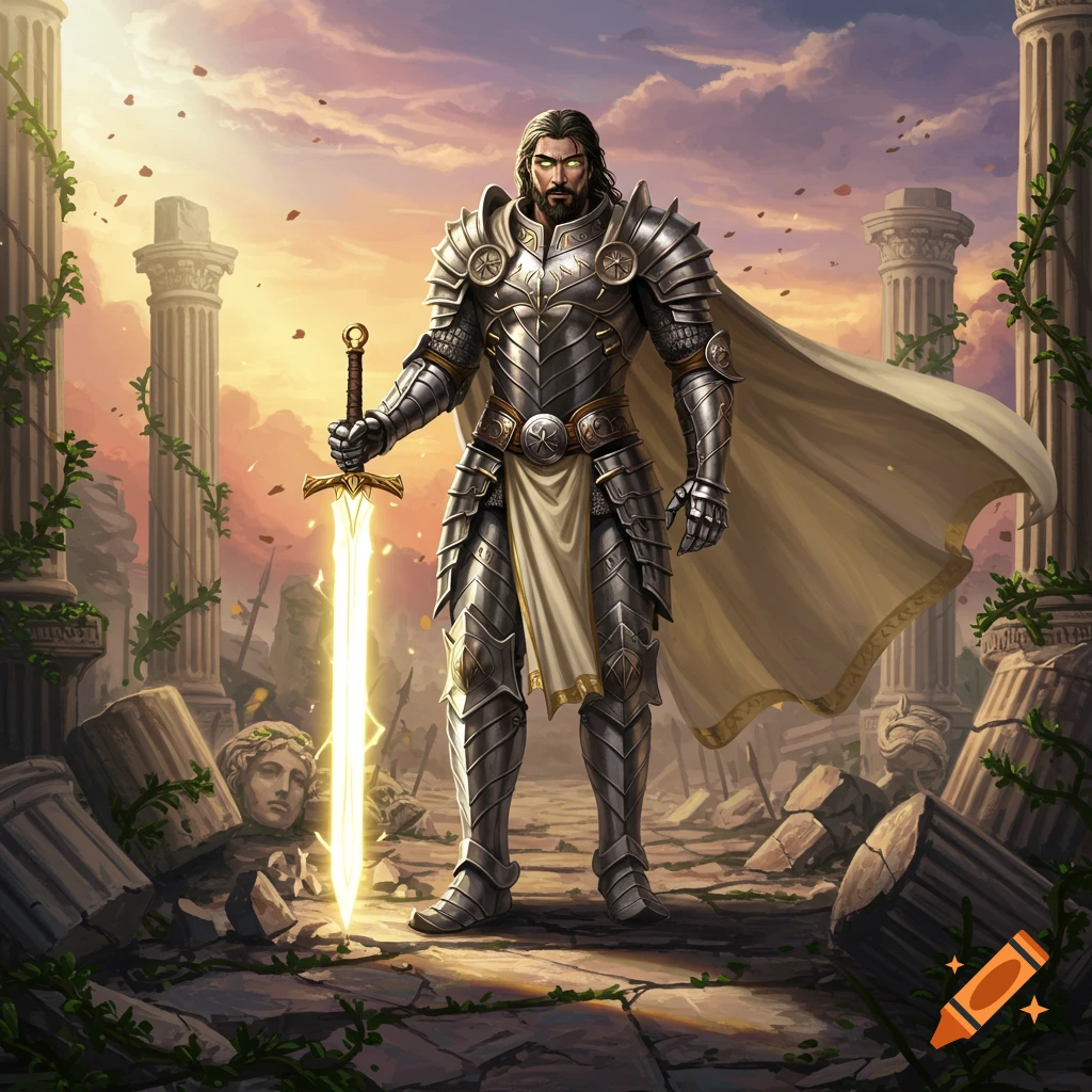A male warrior in ornate silver armor holds a glowing sword in a ruined ancient city at sunset.