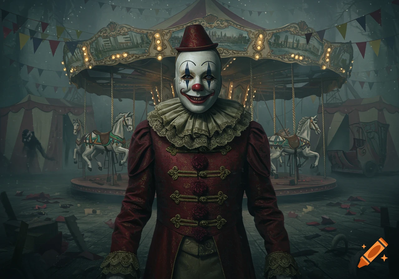 A creepy clown with white face paint and a red suit stands in front of a dark, abandoned carnival carousel.