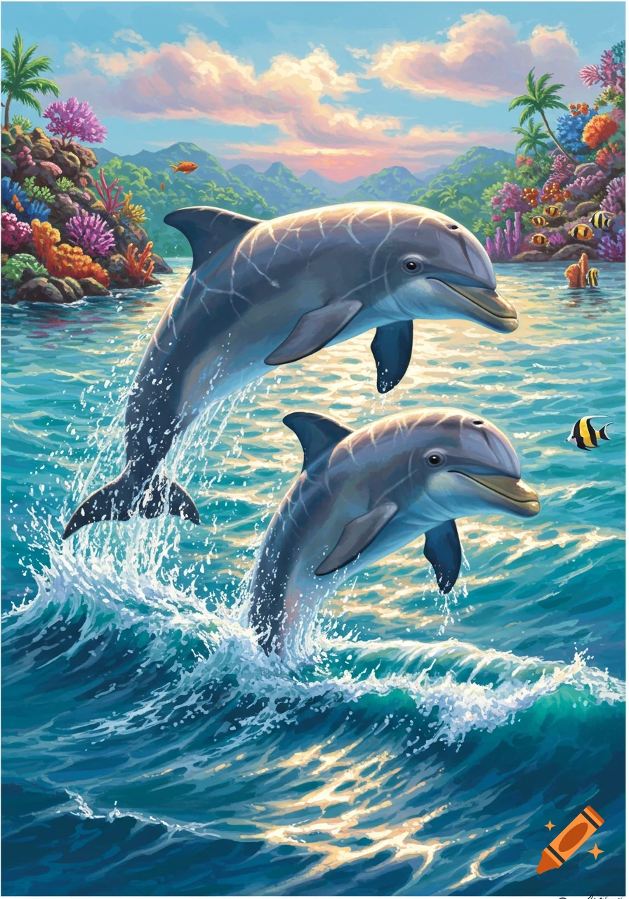 Two dolphins leap from clear blue ocean water in a vibrant, colorful tropical illustration with coral reefs and palm trees.