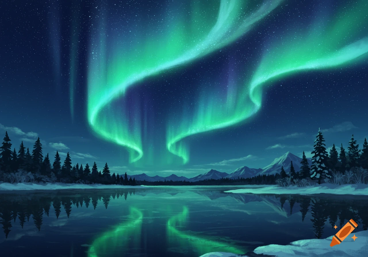 Vibrant green and blue aurora borealis lights reflecting over a still lake surrounded by snow-covered pine trees and mountains at night.